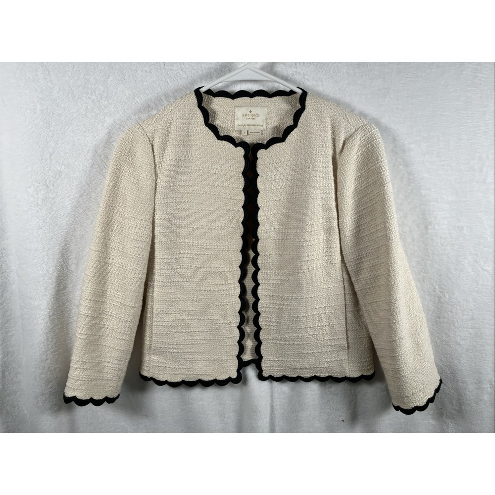 Kate Spade Tweed Jacket Womens Size 2 Cream Black Scallop Trim 3/4 Sleeve Career - Picture 2 of 12